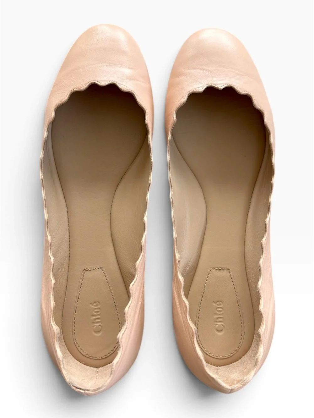 Chloé Lauren Scalloped Leather Ballet Flats Nude Beige Pink Size 38 Box Dustbag